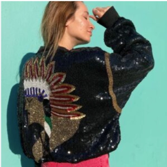 VINTAGE 1980S JOSEPH LE BON ALL OVER SEQUIN ZIP UP JACKET INDIAN DESIGN SILK - Picture 3 of 9